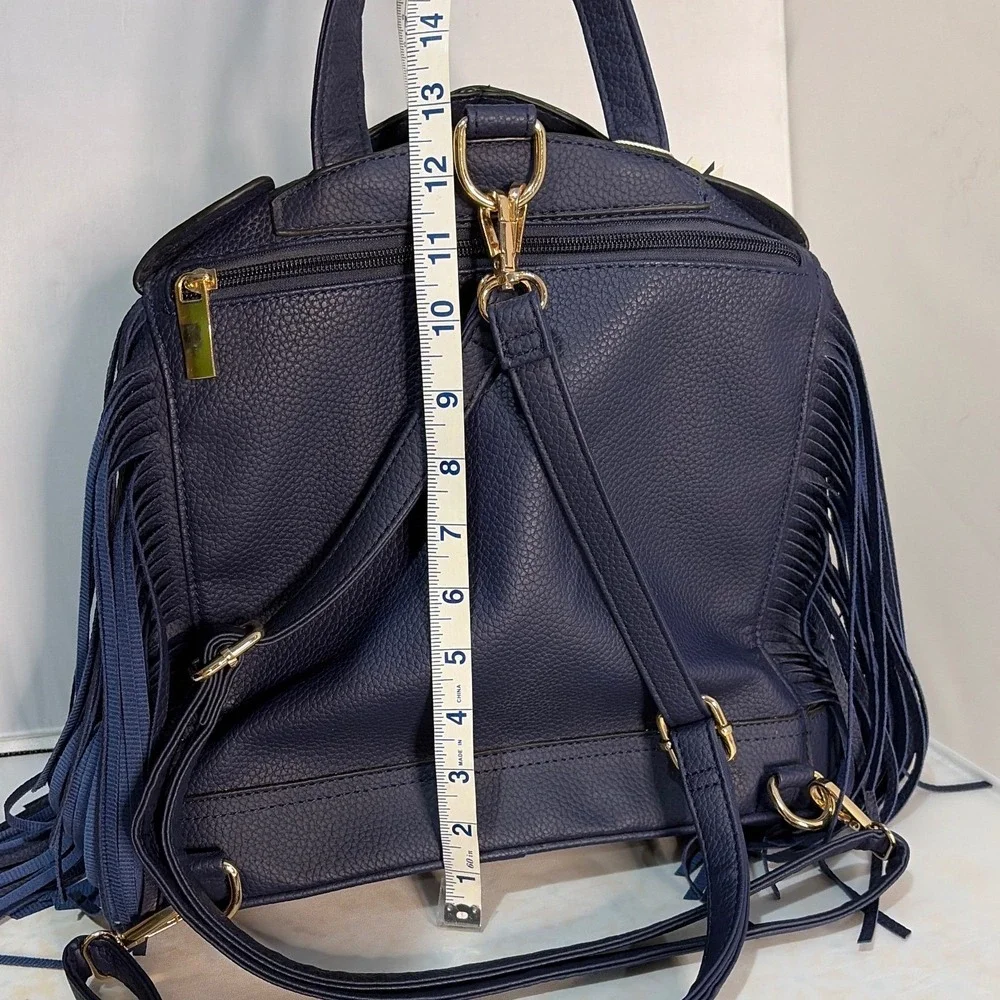 Le Miel Navy Blue Vegan Leather Moto Jacket Fringe Backpack Gold Hardware NWT